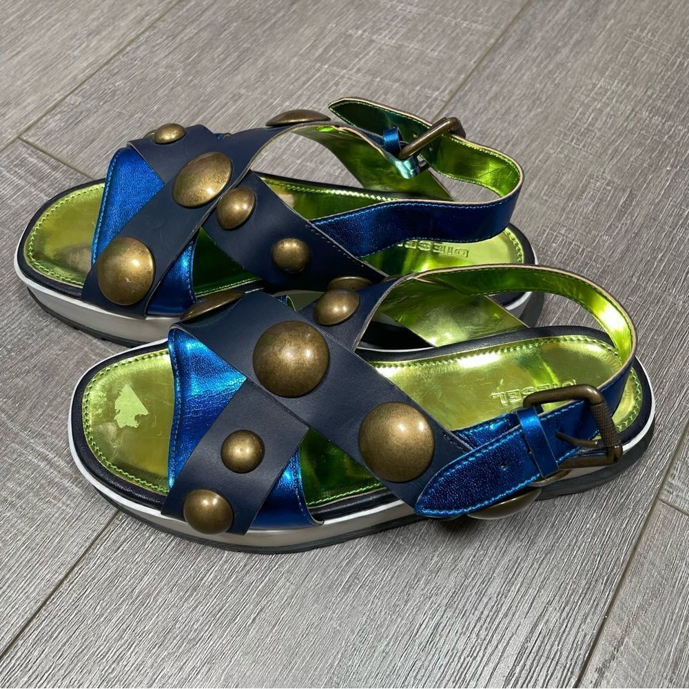 DIESEL Sandals Criss cross Chunky Studs Size 37 US7 Navy - Picture 11 of 15